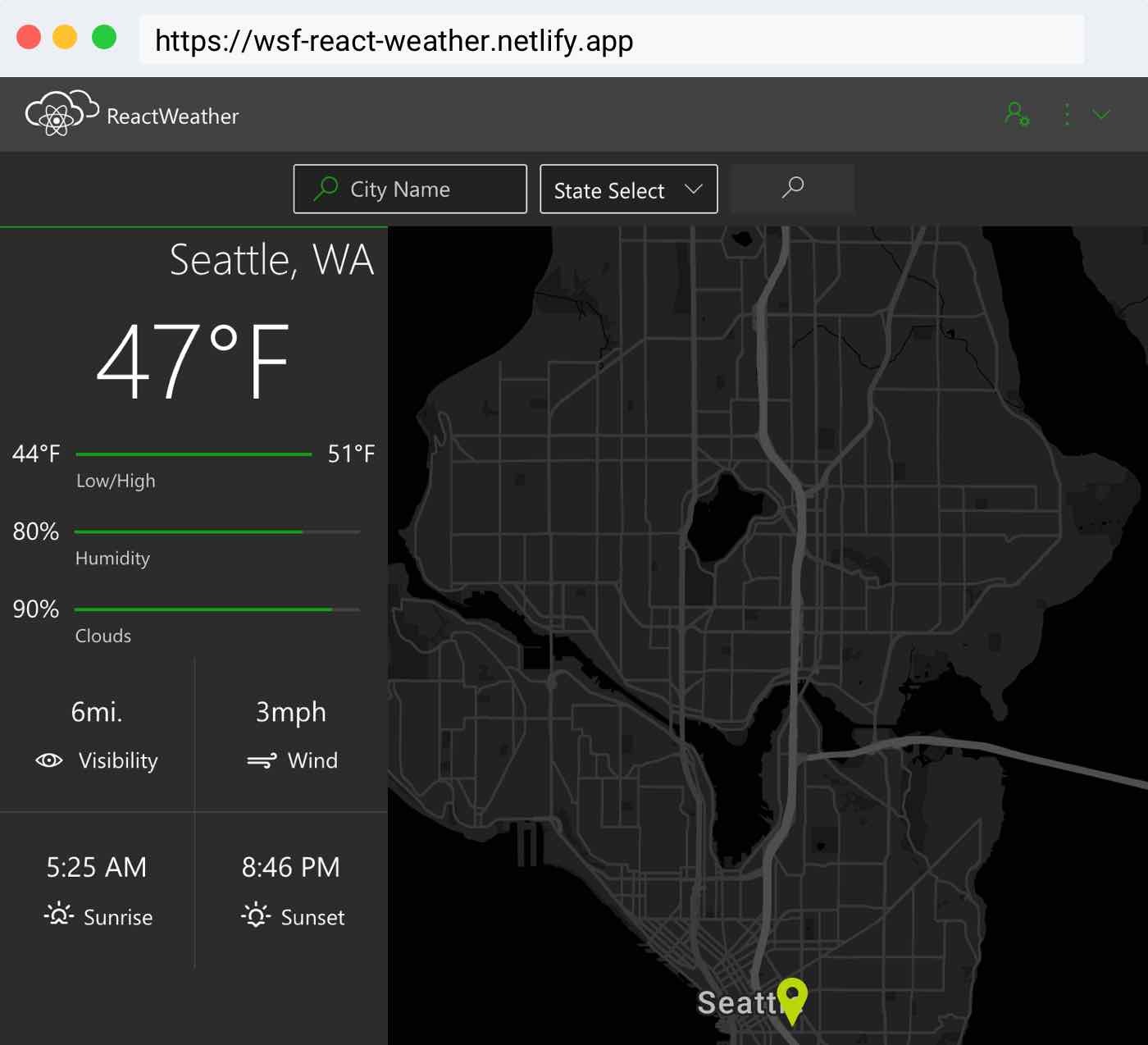 Screenshot of ReactWeather inside an illustration of a browser window